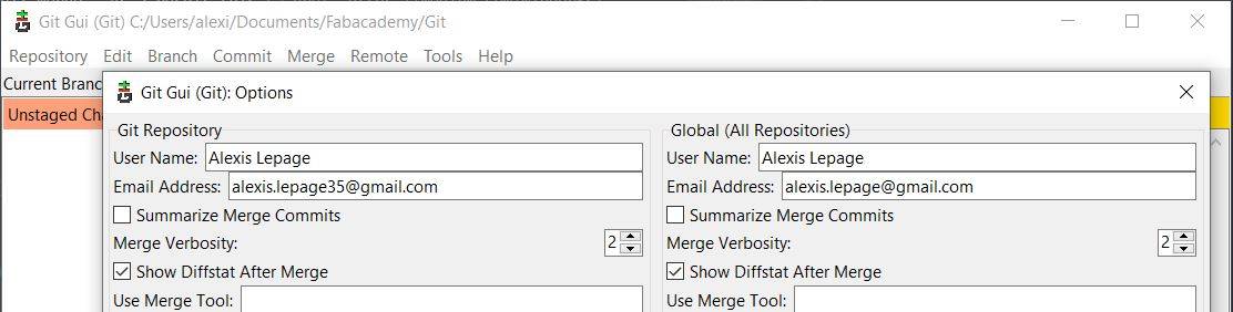 capture of git qui interface showing where the IDs need to be register