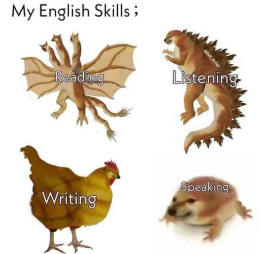 shiba meme about my english level : 3 headed dragon for reading, dinosaur for listening, chicken for writing, and a frog for speaking.